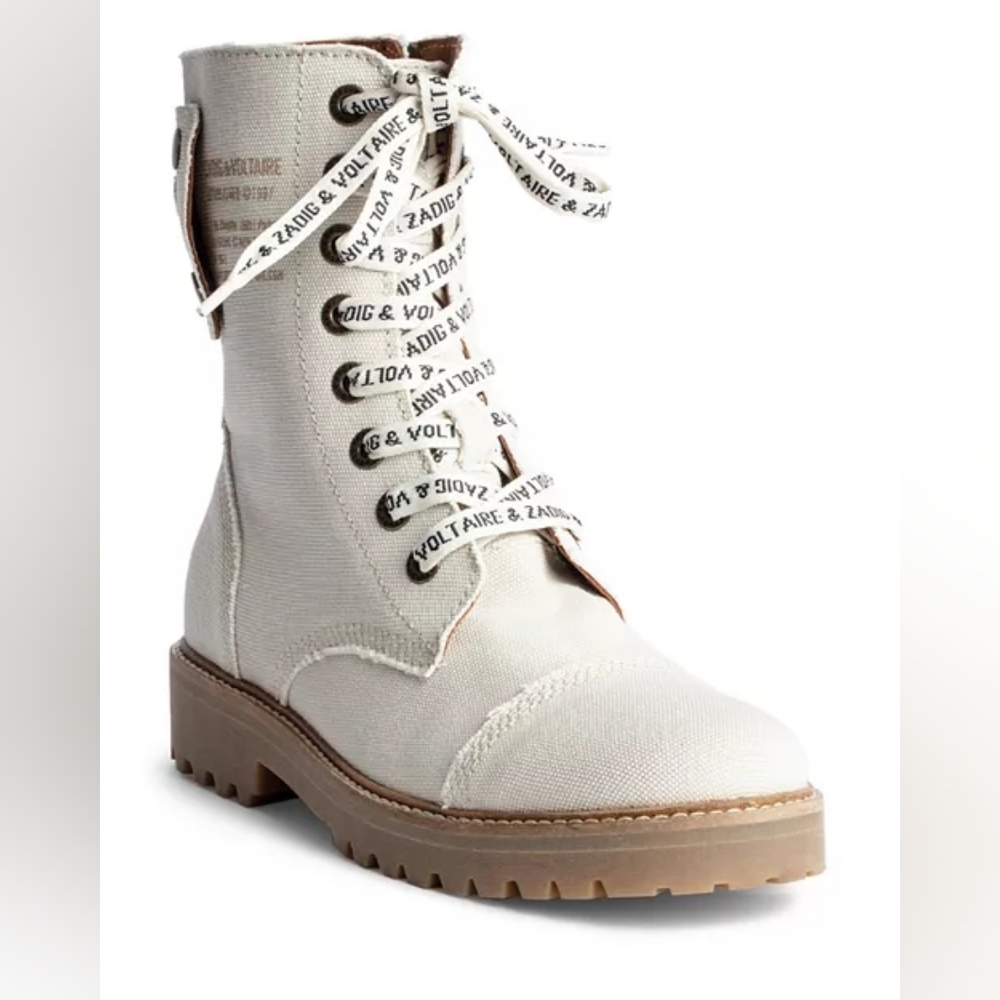 Zadig & Voltaire Cream Canvas Lace-Up Joe Combat Boot EU 36
